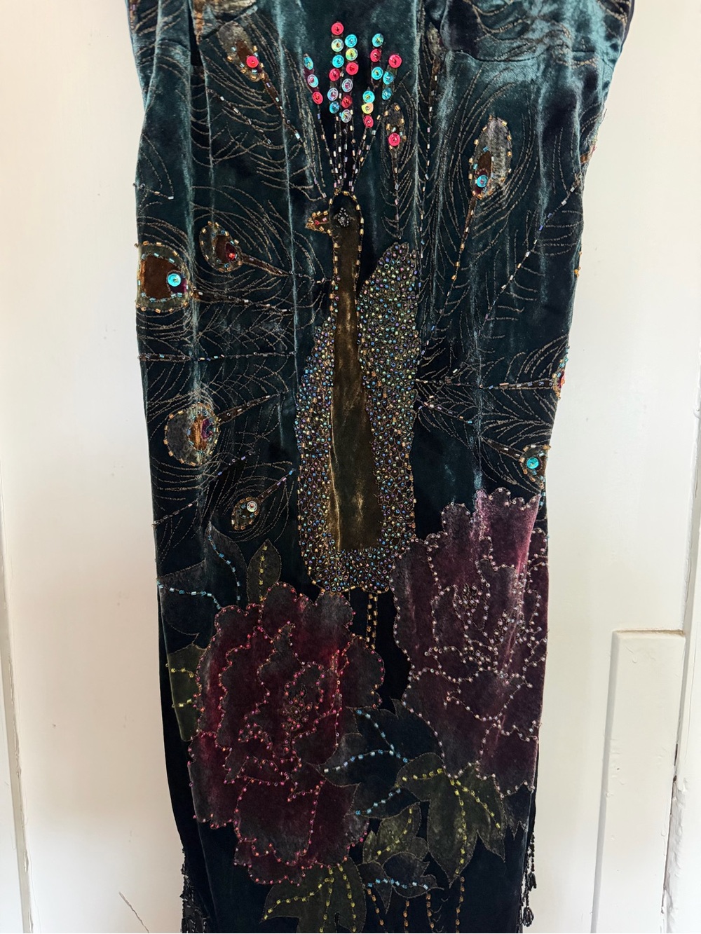 Deadstock Y2K Aris. A Green Silk Velvet Beaded Peacock Maxi Sz M